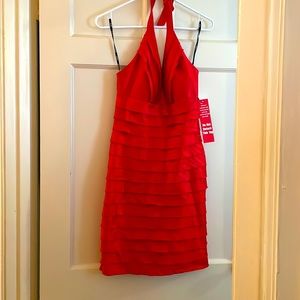 Red pleated cocktail dress